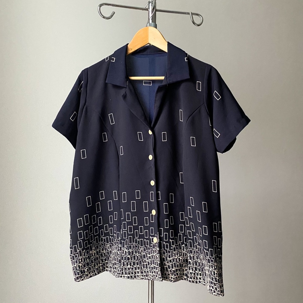 🍂80s Vintage Navy & Tan Abstract Geometric Print Button-Up Shirt Short Sleeves